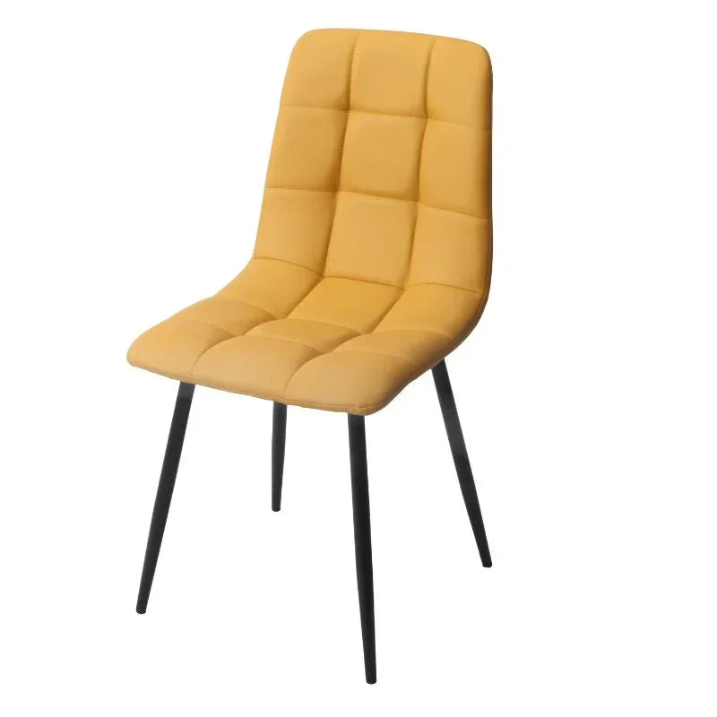 Yellow PU dining chair with black metal legs and square stitched seat