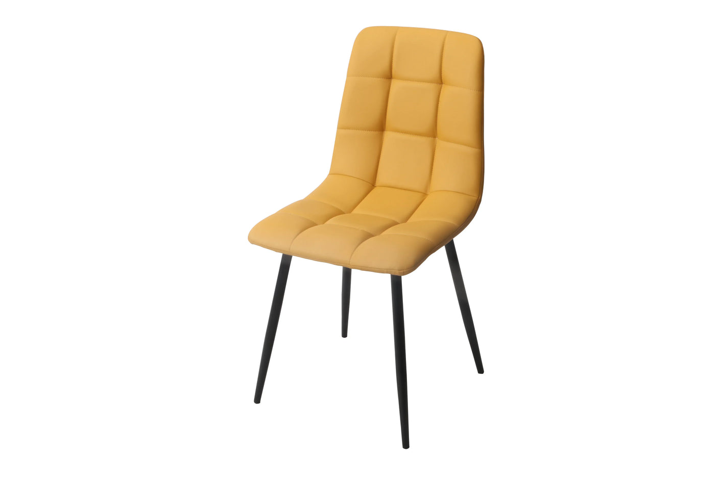 Yellow PU dining chair with black metal legs and quilted cushioned seat