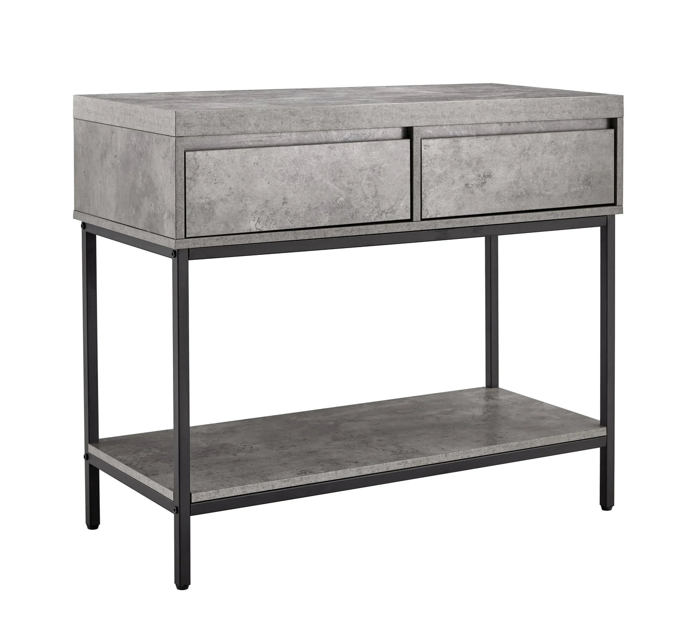 Grey marble console table with two drawers, black metal frame, and lower shelf