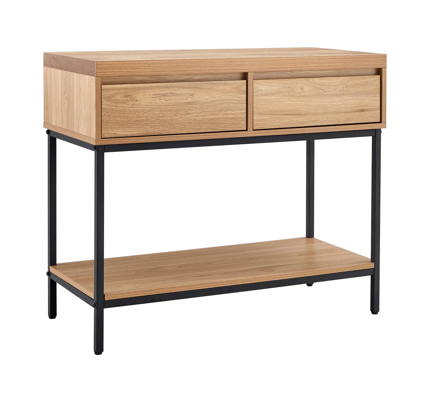 Oak console table with two drawers, black metal frame and lower shelf, front angle view