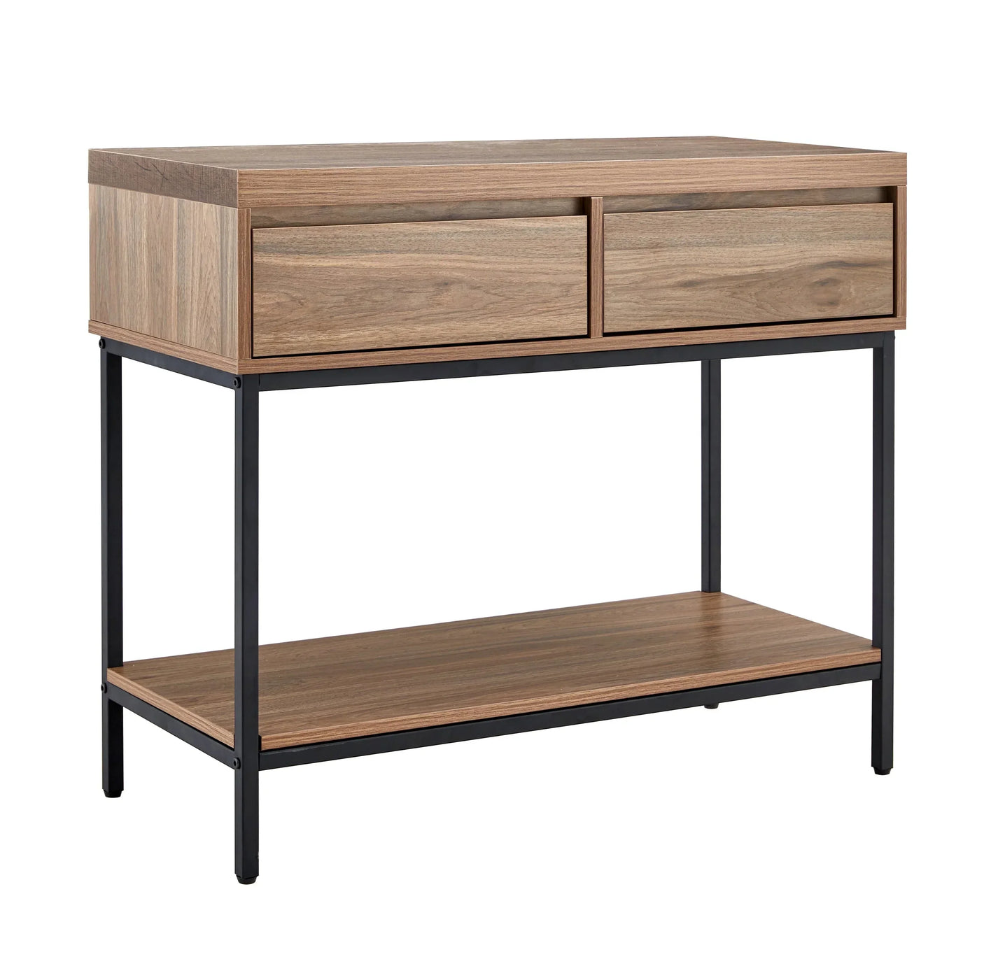 Walnut console table with two drawers, black metal frame and lower storage shelf