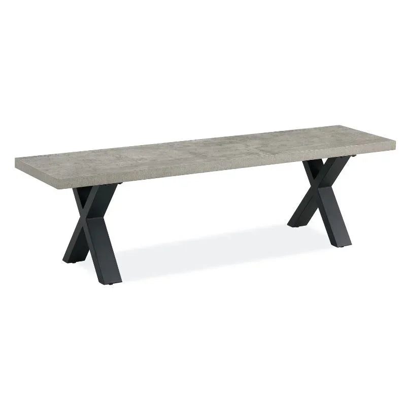 Grey bench with X-shaped black metal legs and rectangular seat, contemporary furniture style