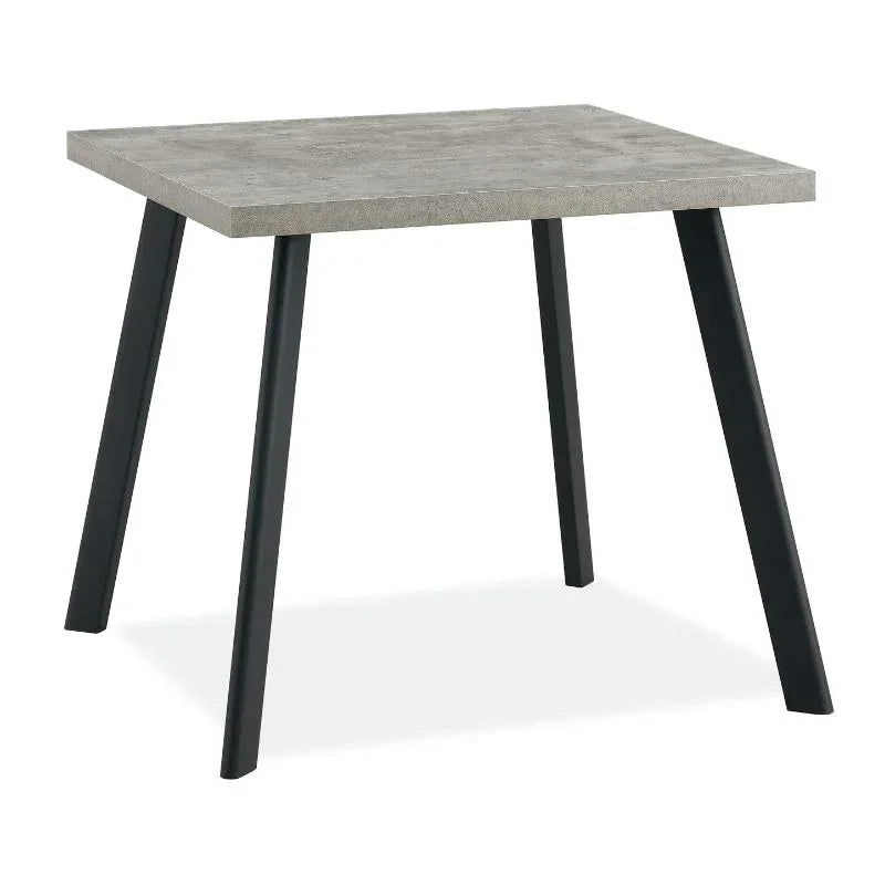 Grey square dining table with concrete effect top and black angled metal legs