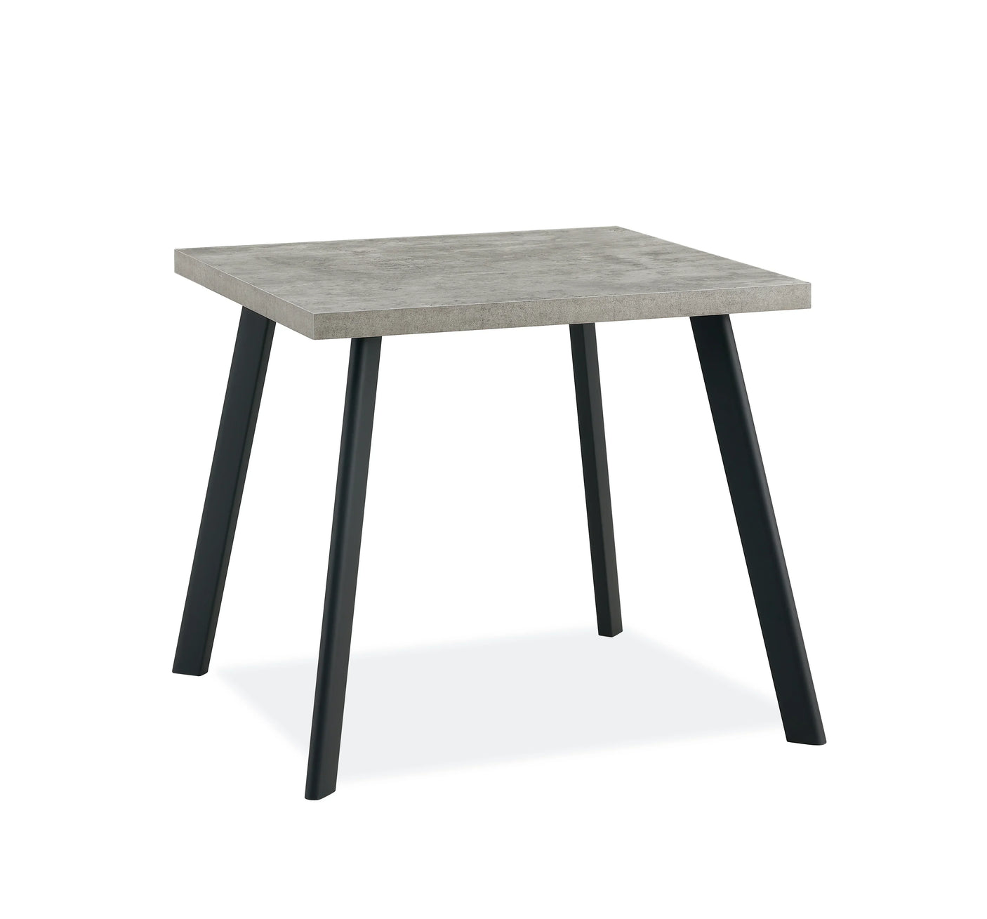 Grey square table with concrete-style top and black angled legs on white background