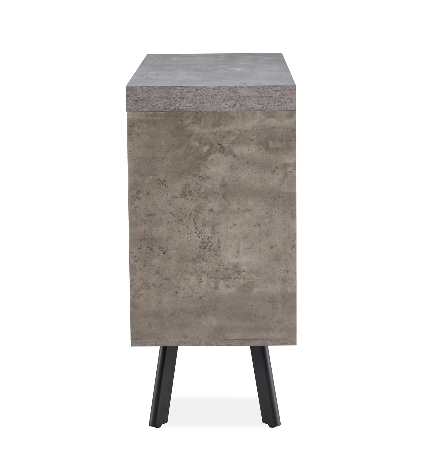 Side view of marble effect 2 door sideboard with black angled legs on white background
