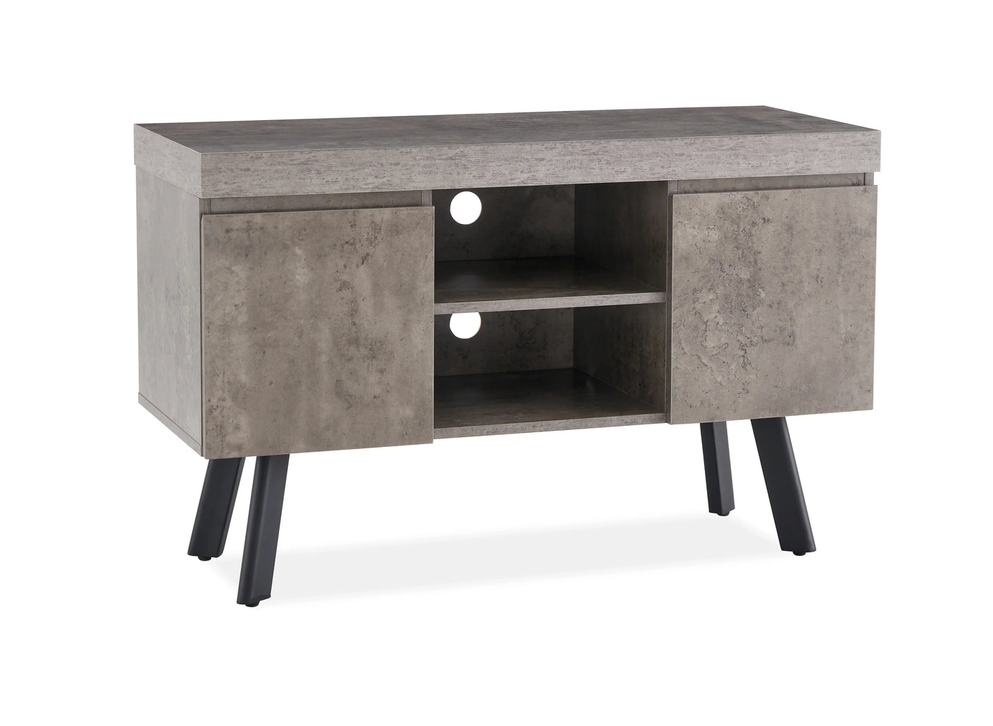 small marble TV unit with grey finish, two doors, open shelving, and black angled legs