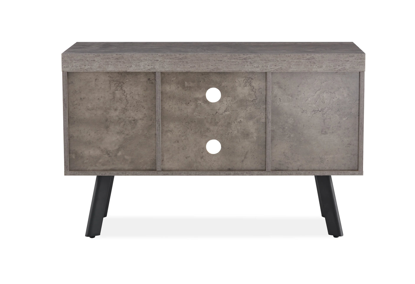 Small marble-effect TV unit with three doors, circular cable holes, and angled black legs