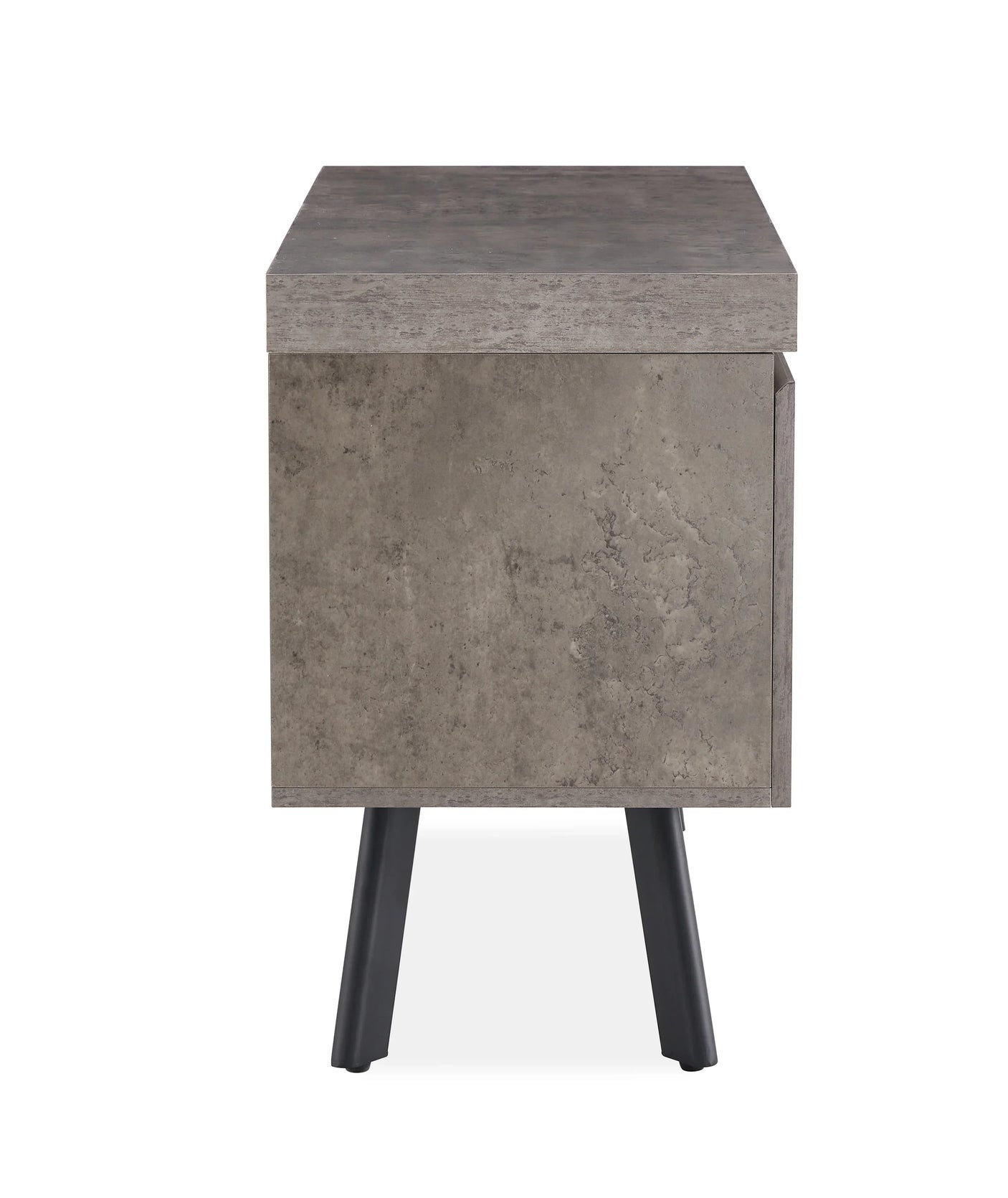 Side view of small marble TV unit with black legs and concrete finish