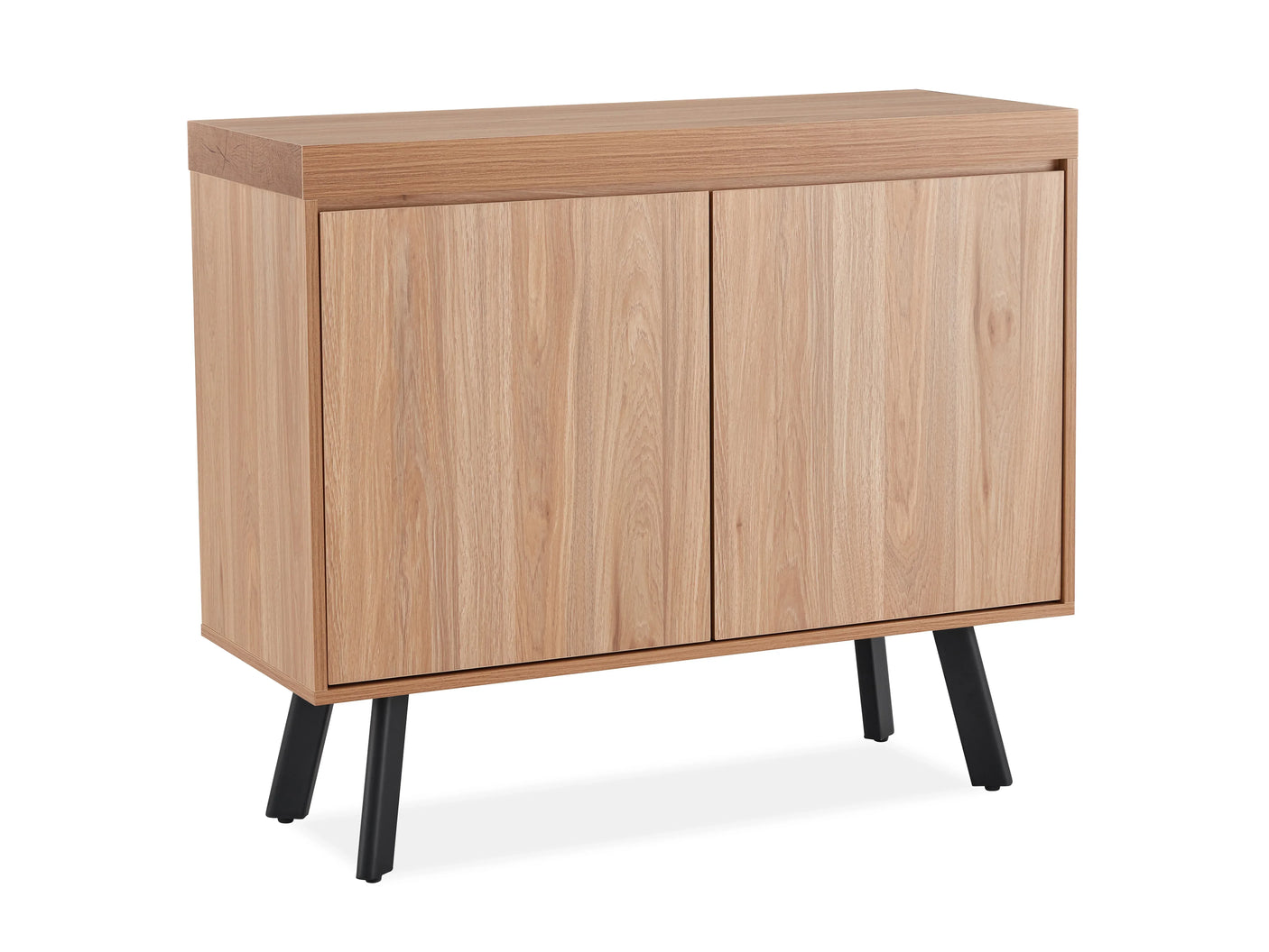 Oak 2 door sideboard with black angled legs, natural wood finish, closed front view