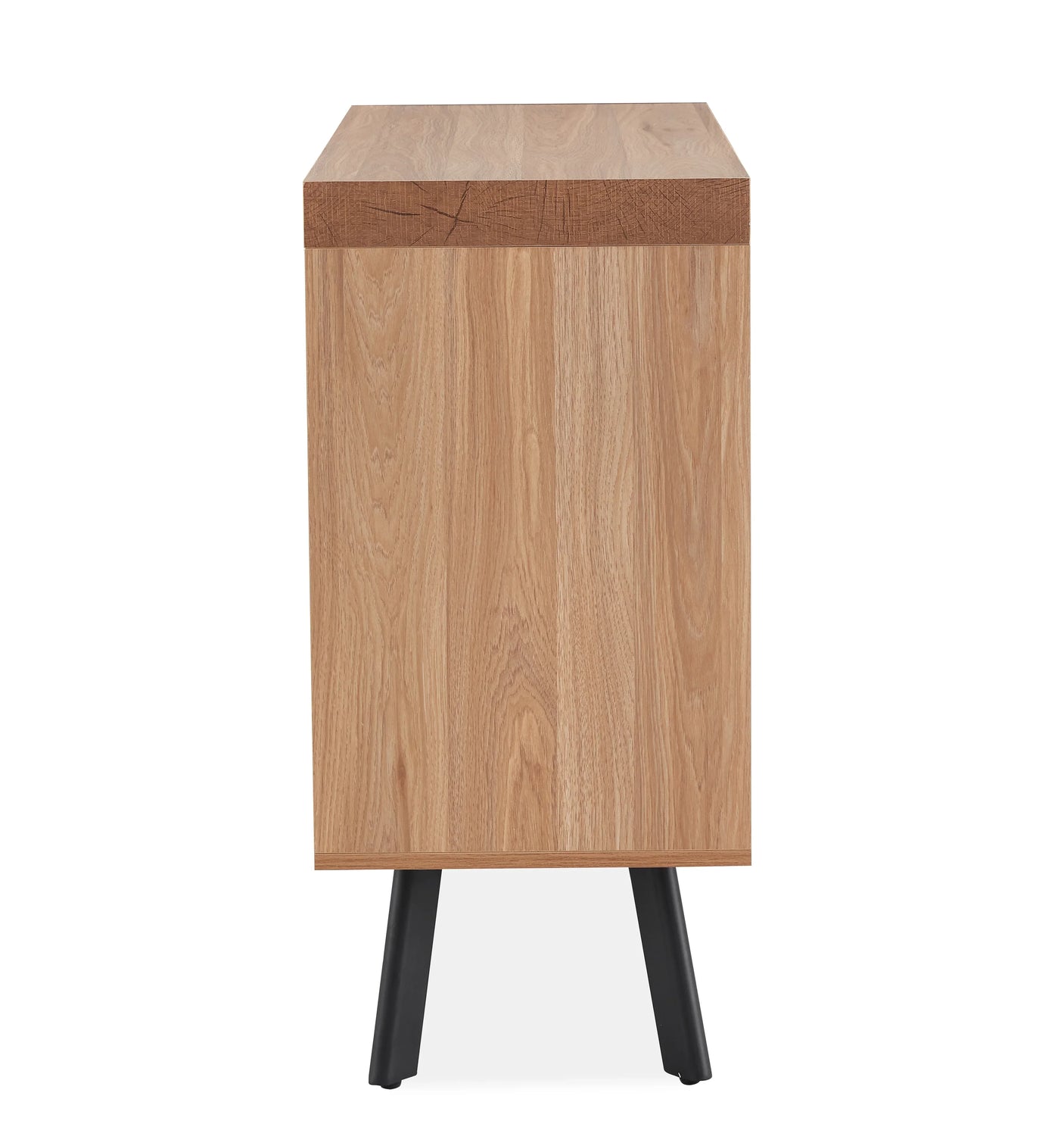 Side view of oak two-door sideboard with black angled legs and natural wood grain finish