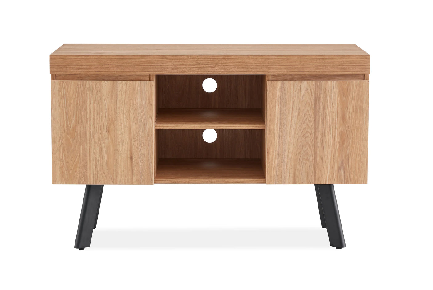 Oak TV unit with two cabinets, open shelves, cable holes, and black angled legs