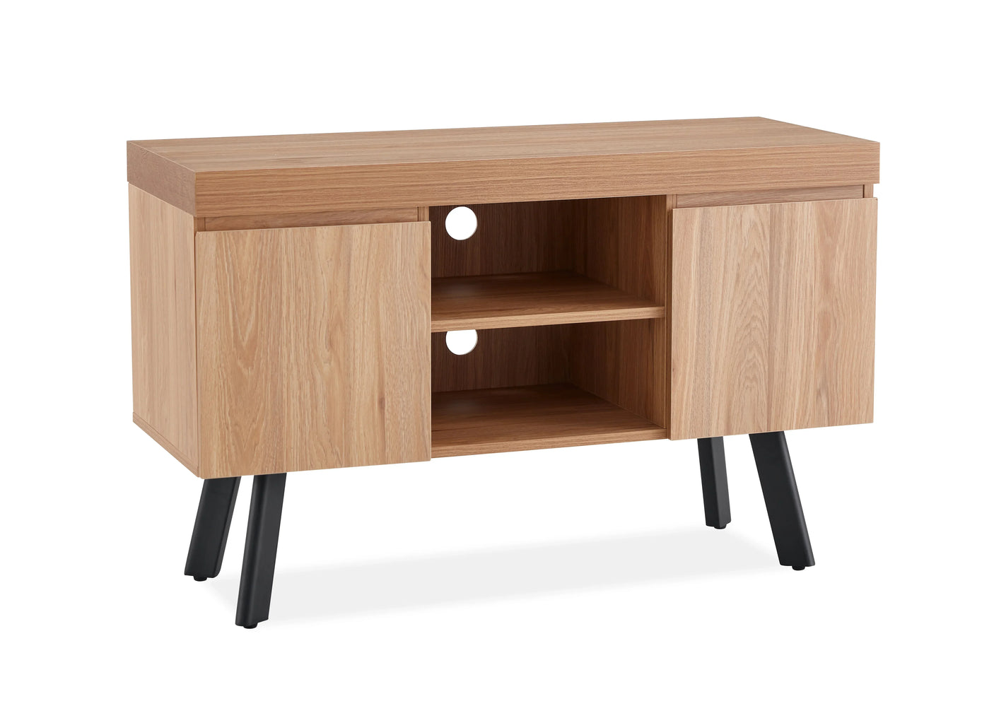 Oak small TV unit with two cabinets, open shelves, cable holes, and black legs