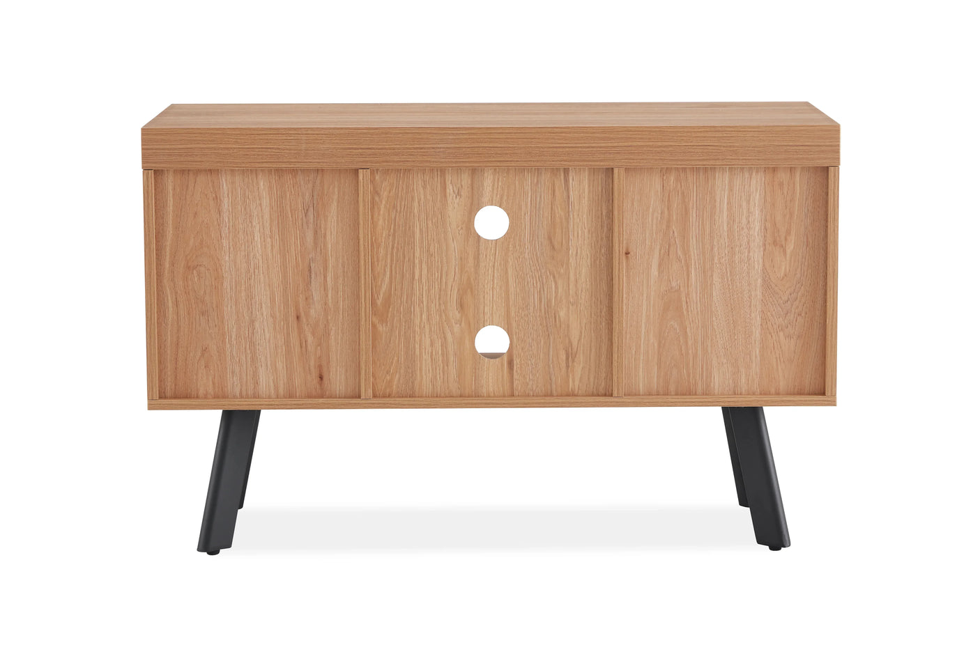 Oak small TV unit with sliding doors and black legs, front view on white background