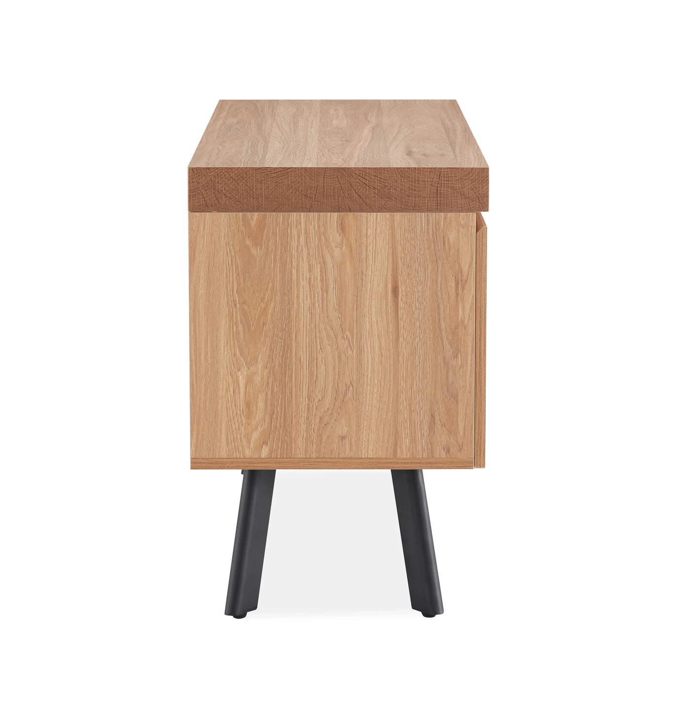 Side view of oak TV unit with black angled legs and smooth wood grain finish