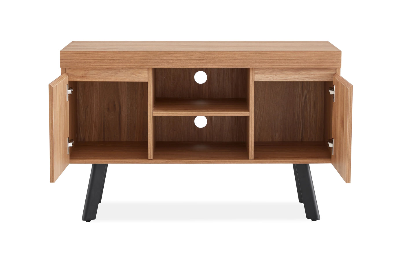 Oak TV unit with open doors, central shelves, cable holes, and black angled legs