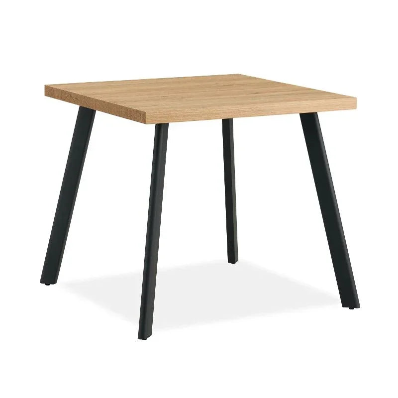 Oak square dining table with black metal legs and minimalist design