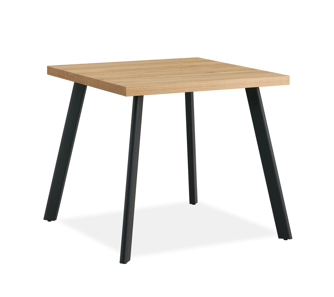 Oak square dining table with black angled metal legs, modern minimalist style