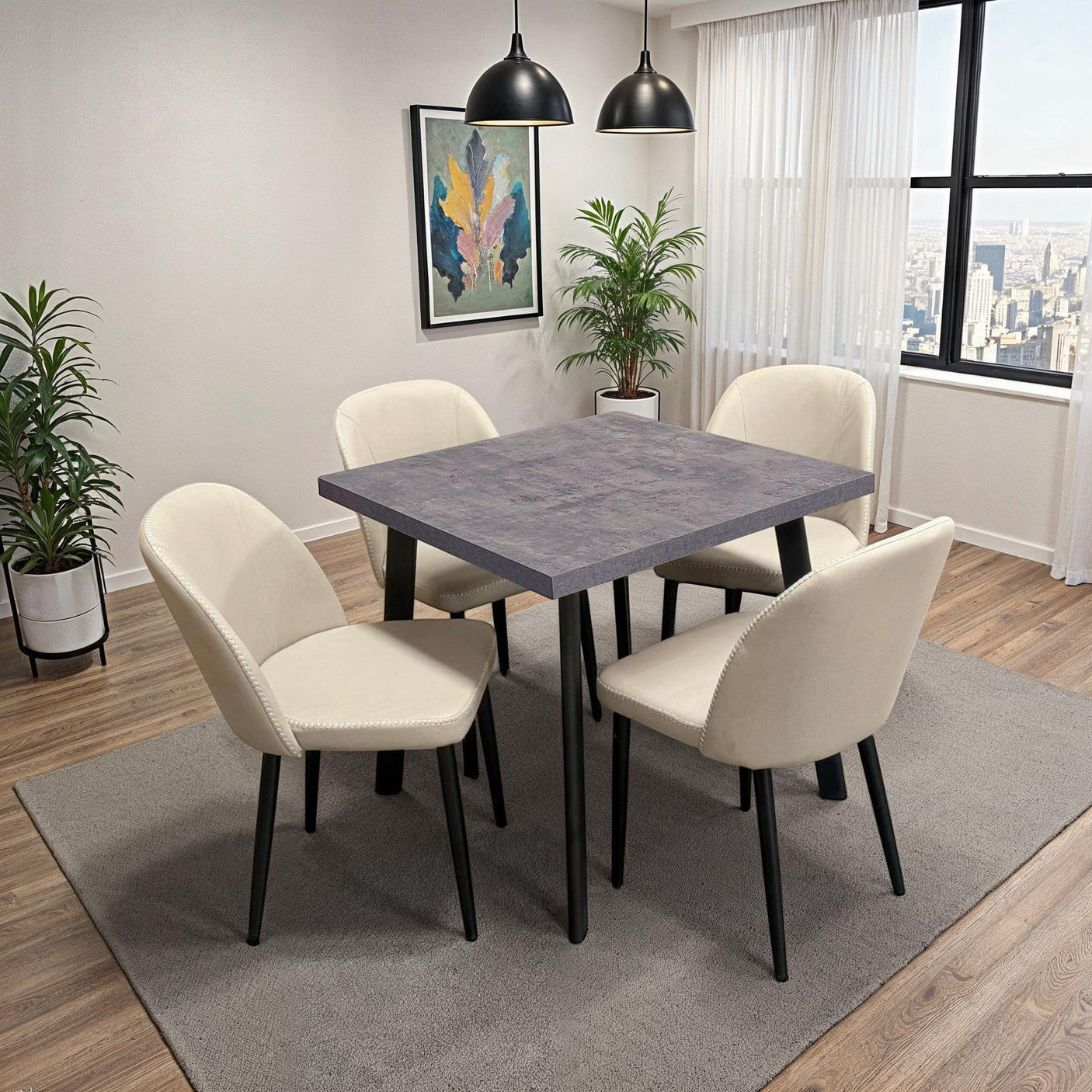 Grey square dining table with black legs and cream chairs in modern dining room setting