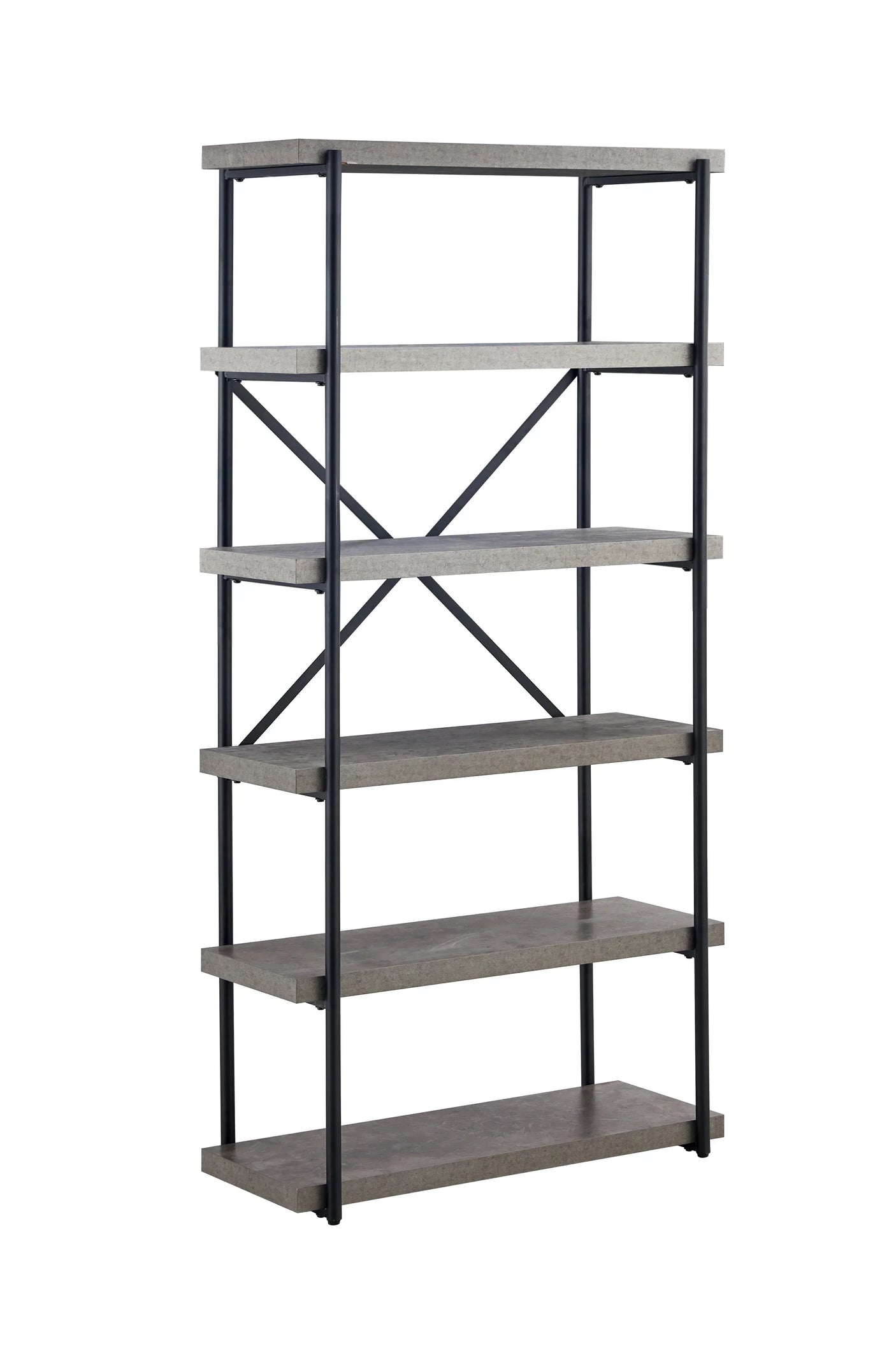 Tall bookcase with grey marble shelves and black metal frame, angled side view