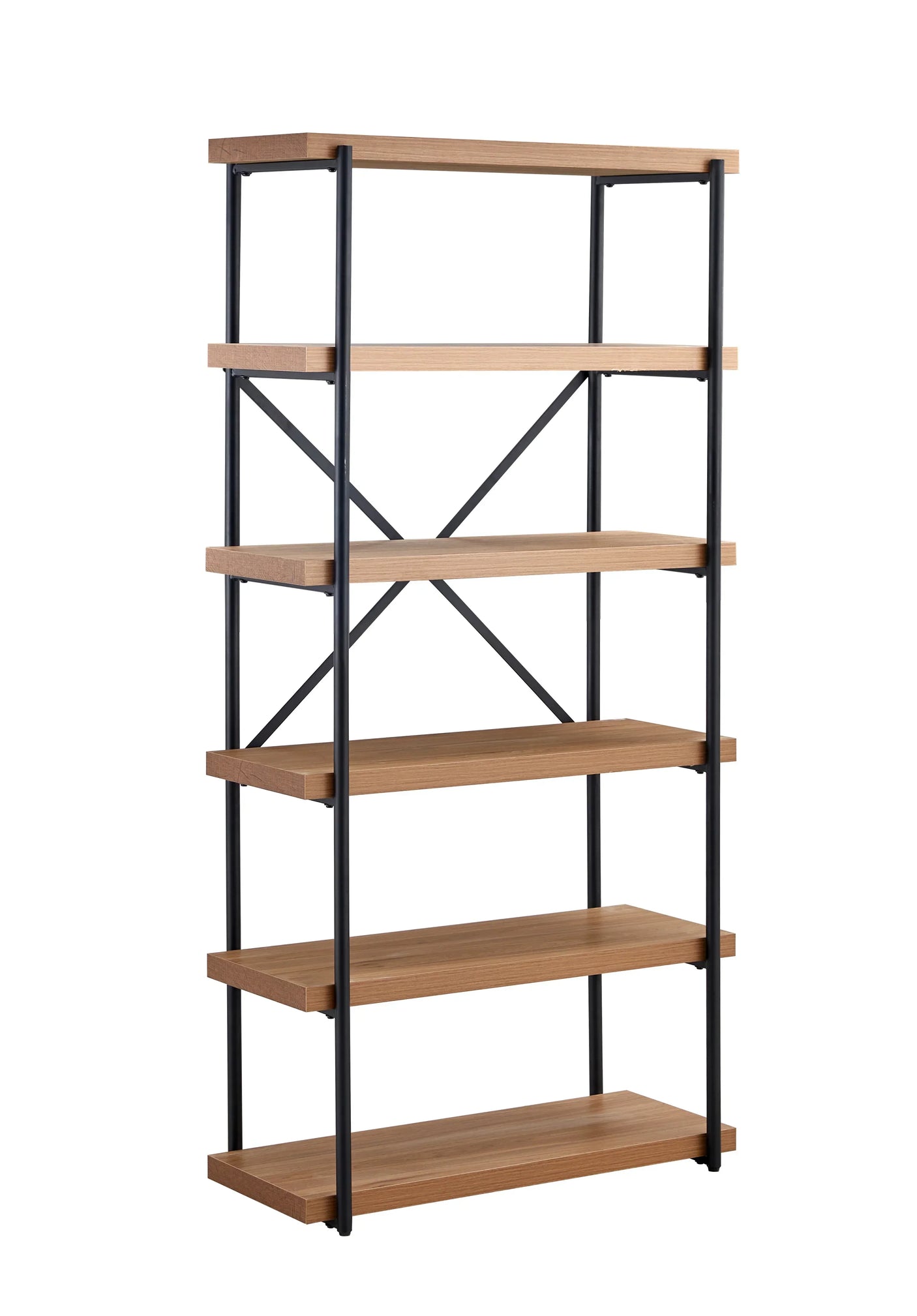 Tall oak bookcase with black metal frame and five shelves, side angle view