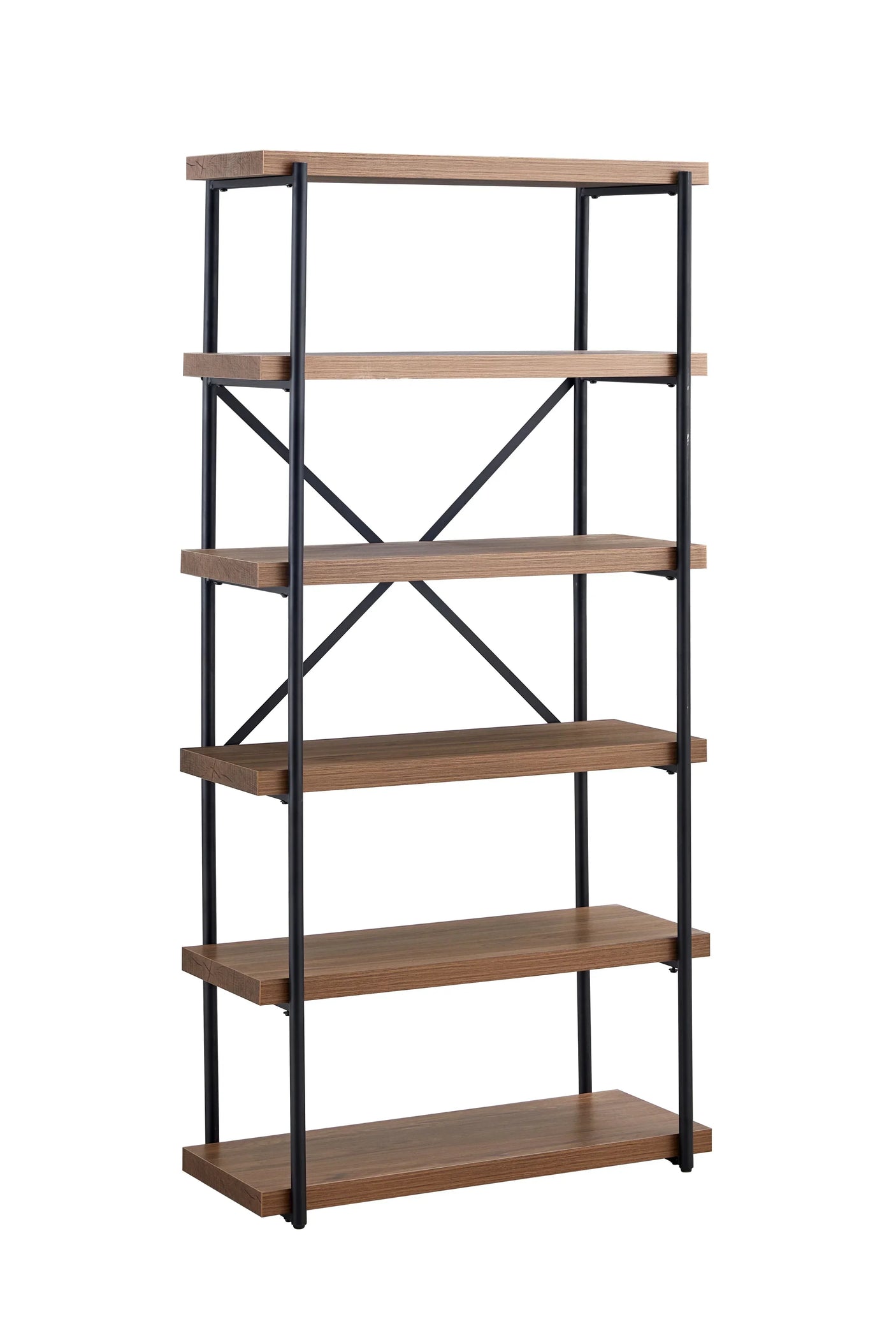 Tall walnut bookcase with five shelves and black metal frame support