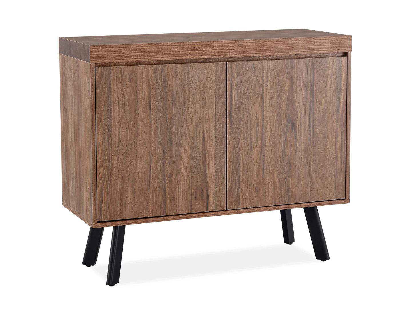 Walnut sideboard with two doors and black angled legs, viewed from the front angle