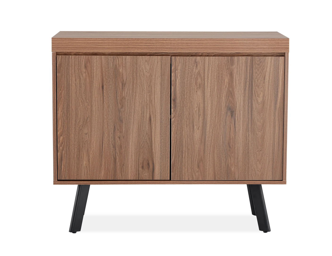 Walnut 2 door sideboard with black legs and wood grain finish, front view