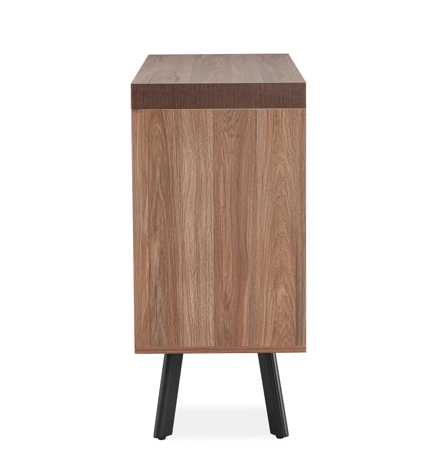 Side view of walnut 2 door sideboard with black angled legs