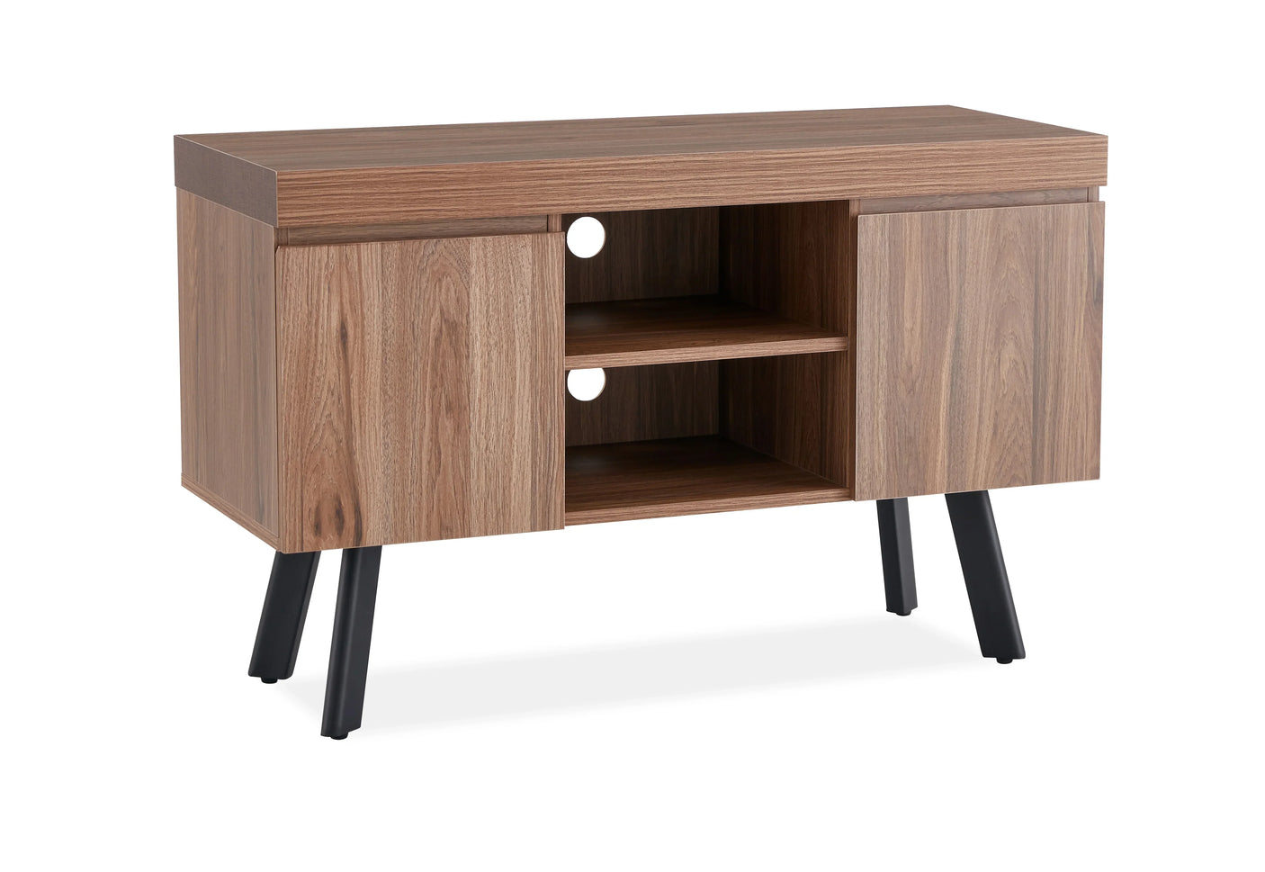 Walnut small TV unit with two doors, open shelves, cable holes, and black angled legs