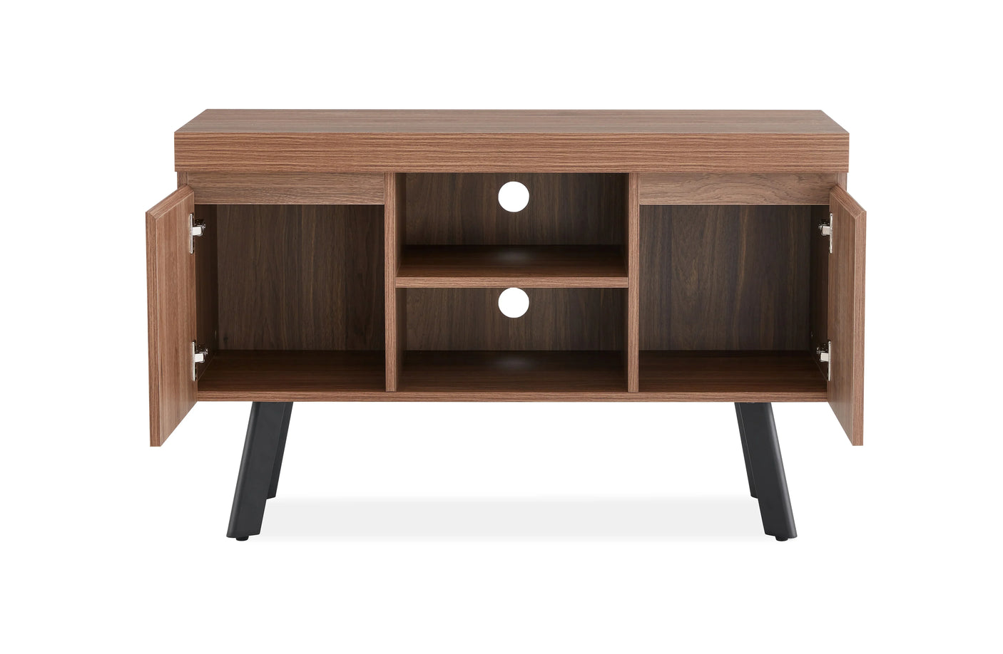 Walnut small TV unit with open cabinet doors, central shelves, cable holes, angled legs