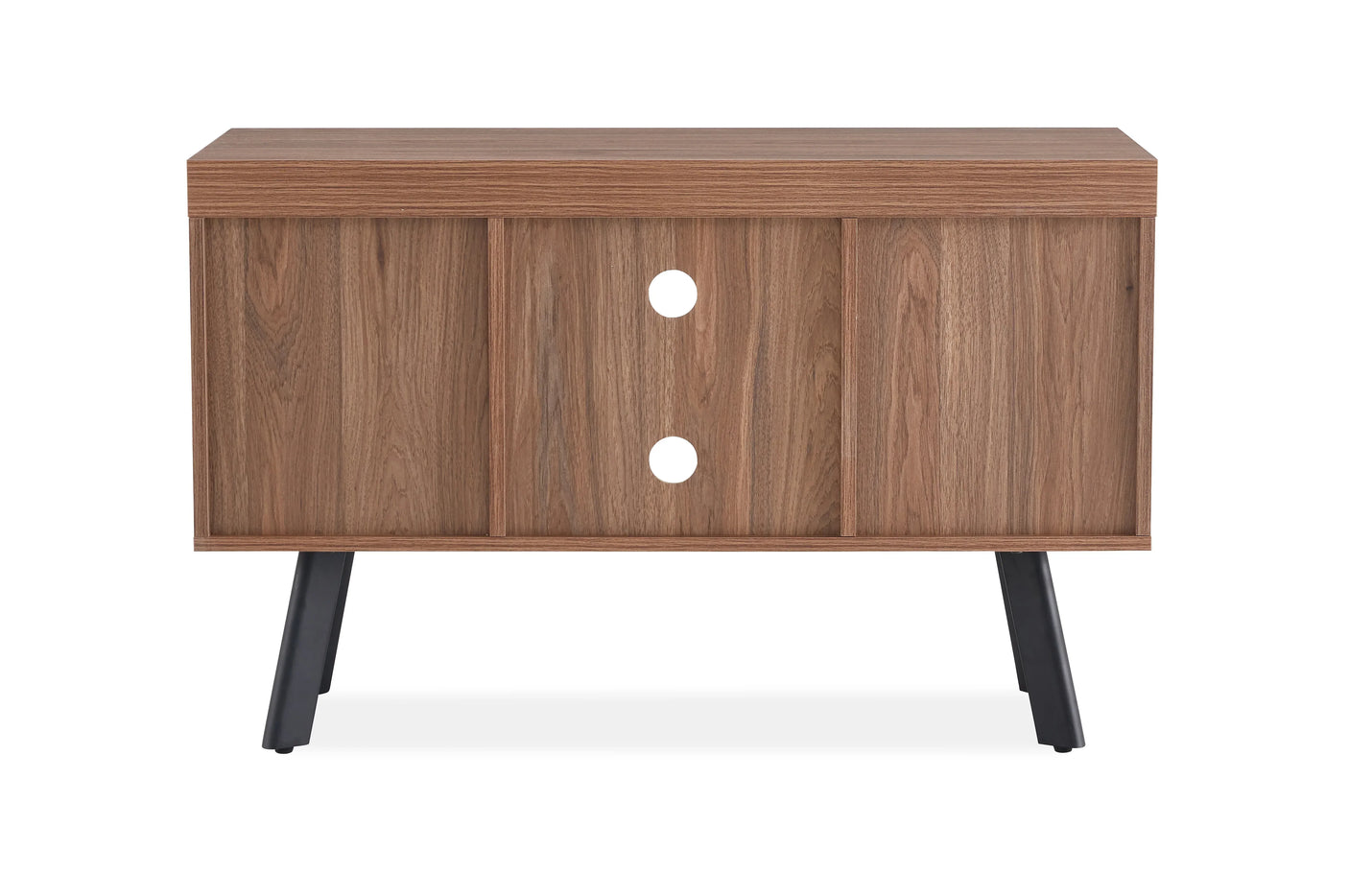 Walnut small TV unit with black angled legs and sliding doors, front view