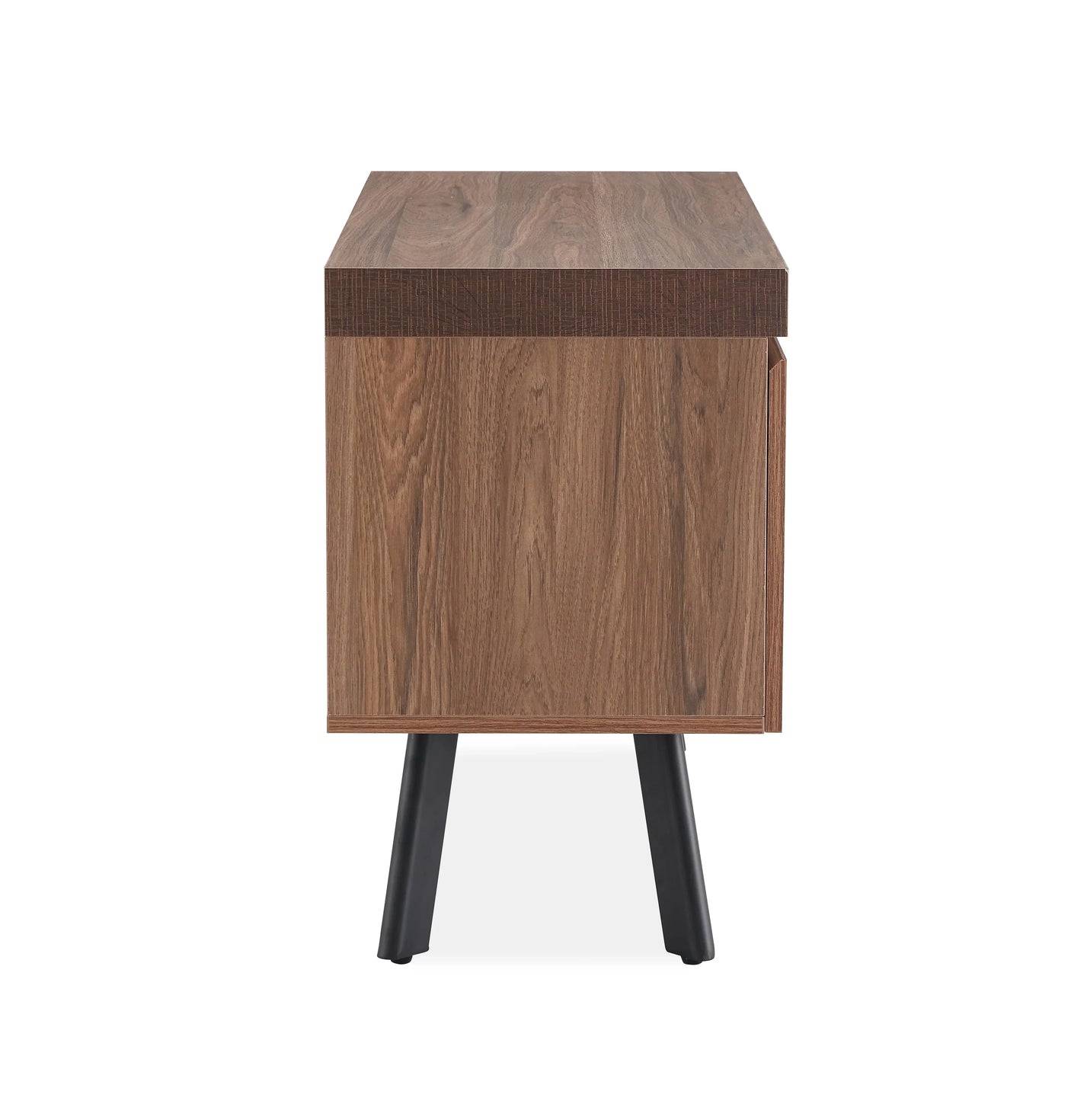 Walnut small TV unit side view with wood grain finish and black angled legs