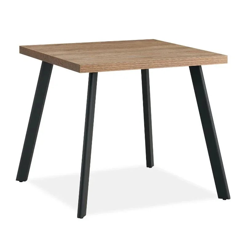 Walnut square dining table with black angled legs on white background