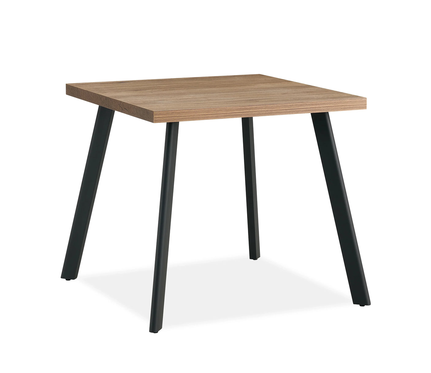 Walnut square dining table with black angled legs on white background