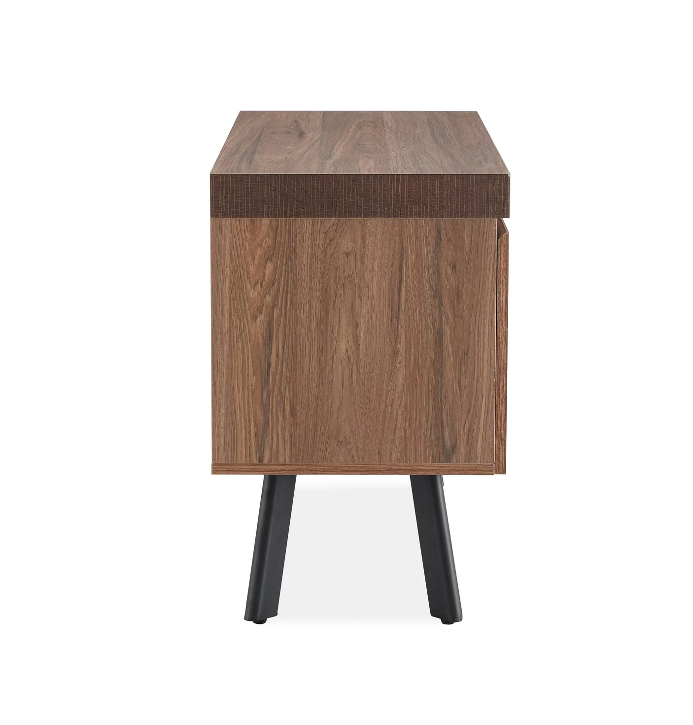 Side view of walnut TV unit with black angled legs and wood grain finish
