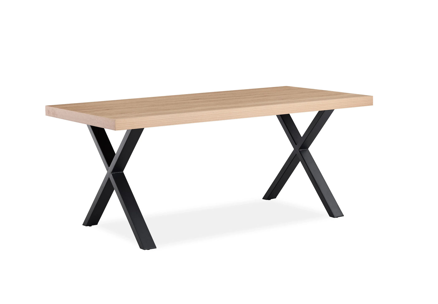 Oak dining table with black X-frame metal legs, shown from side angle on white background
