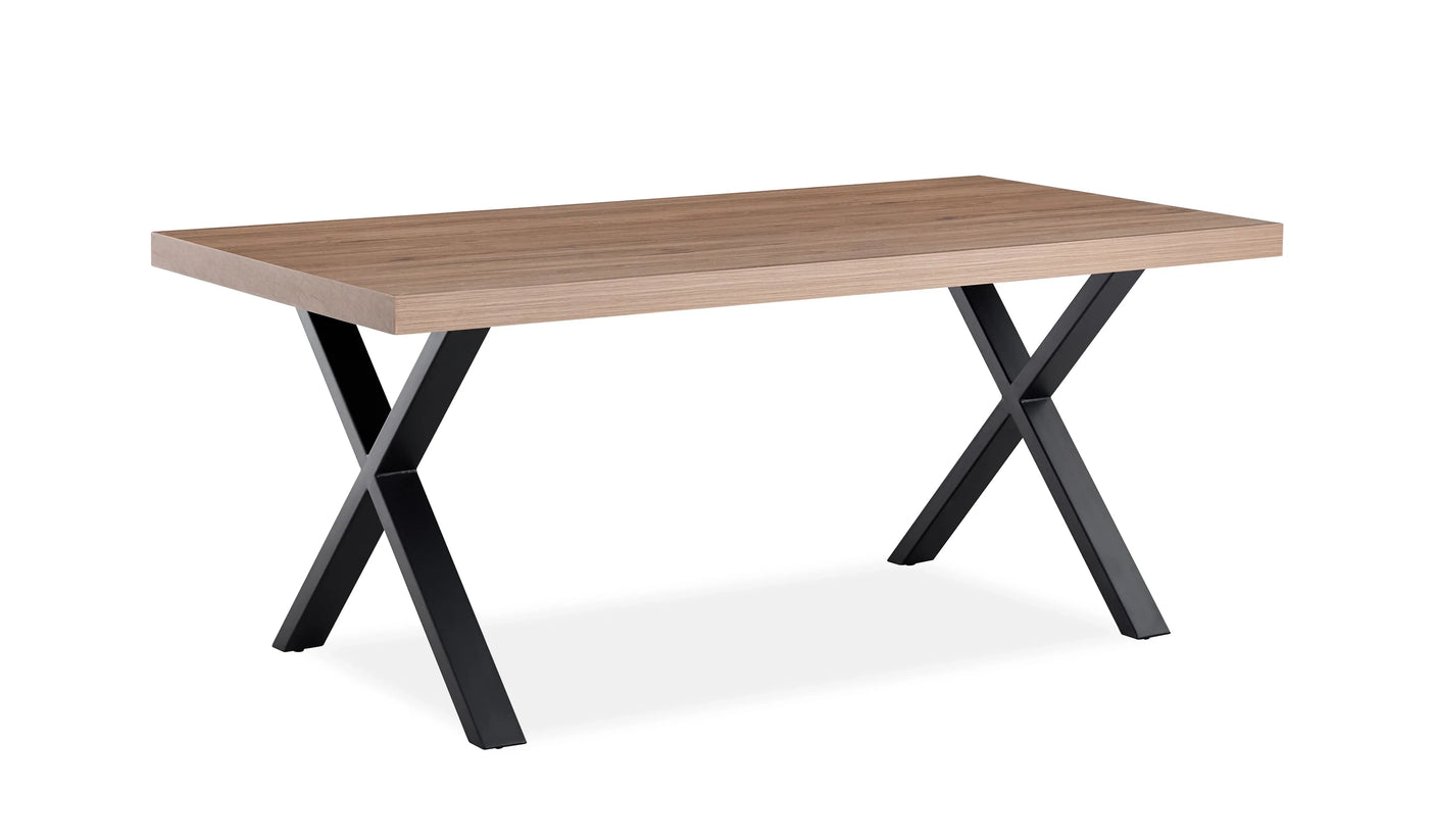 Walnut dining table with black X-leg metal frame on white background