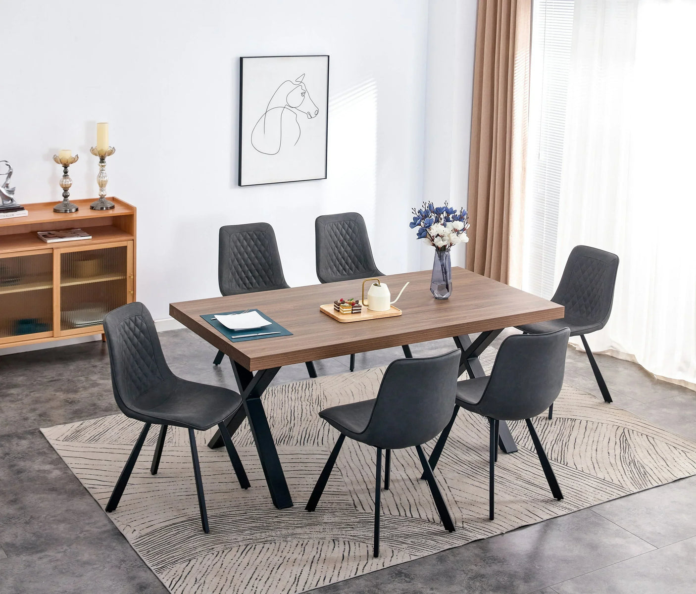 Walnut dining table with black X-legs and six retro grey chairs in modern dining room