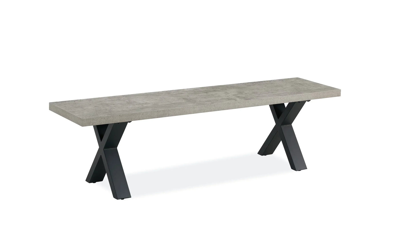 Grey bench with concrete-style top and black crossed metal legs, modern dining furniture