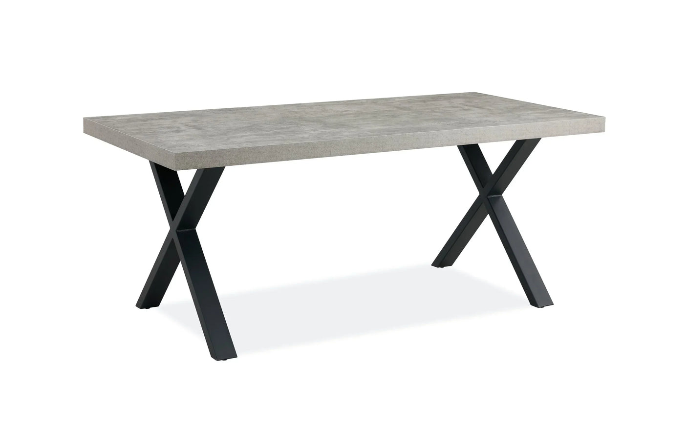 Grey dining table with thick rectangular top and black metal X-leg base