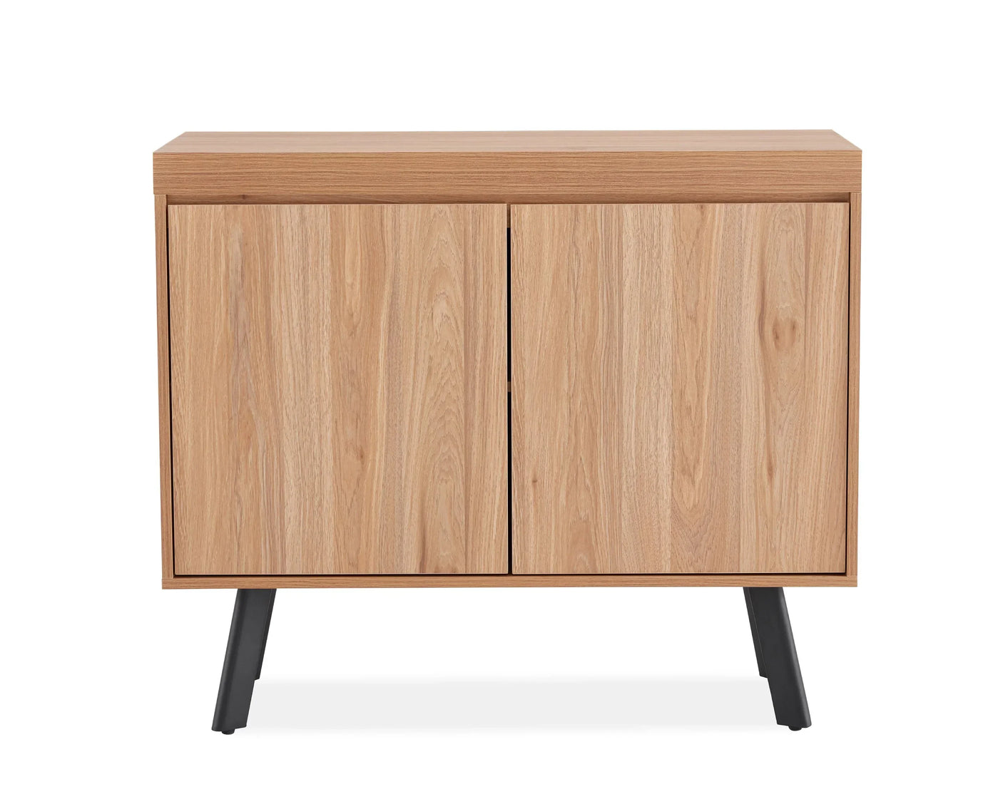 Oak 2 door sideboard with minimalist wood grain finish and angled black legs