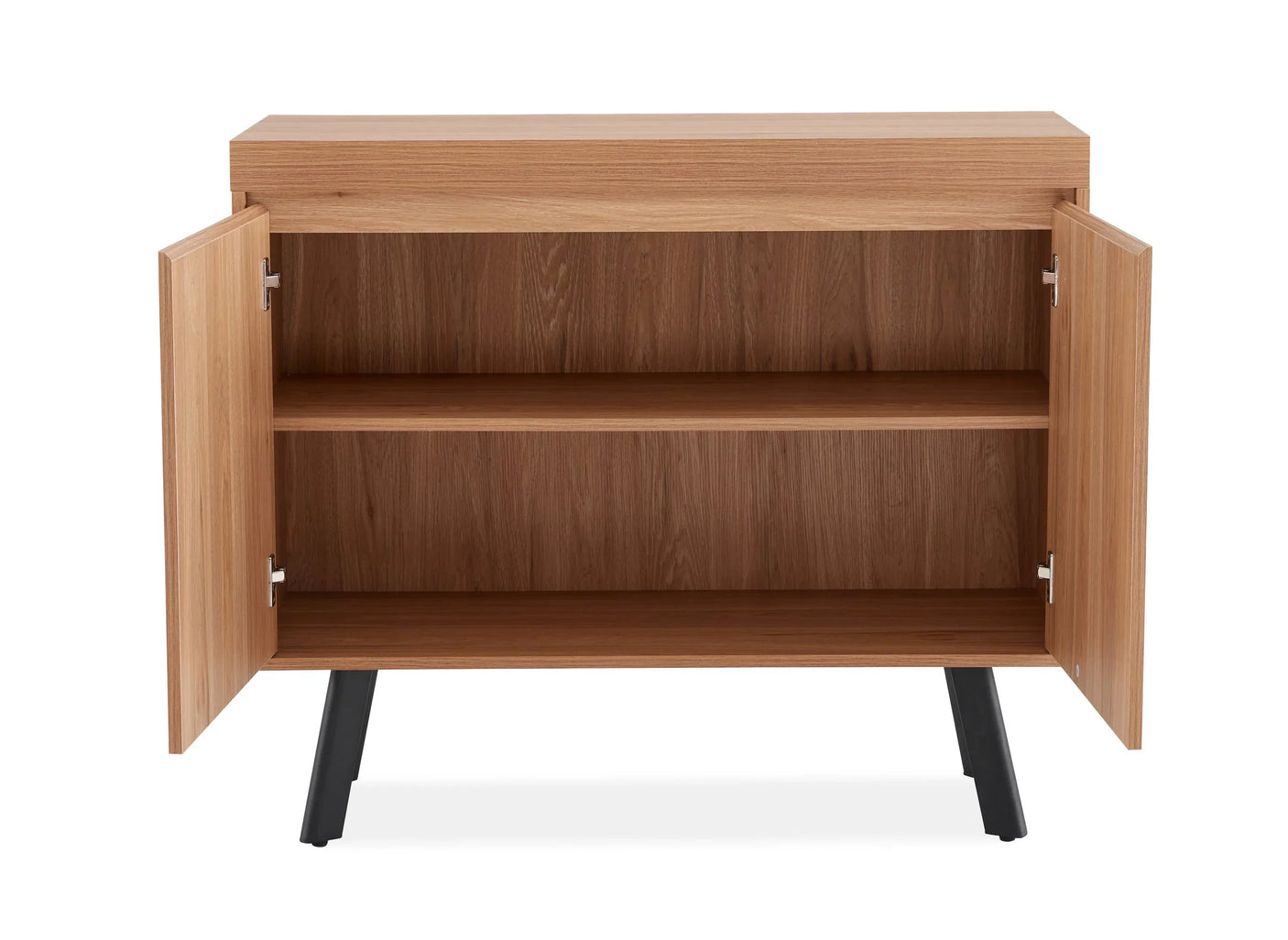 Oak two door sideboard with open doors, interior shelf, and black angled legs