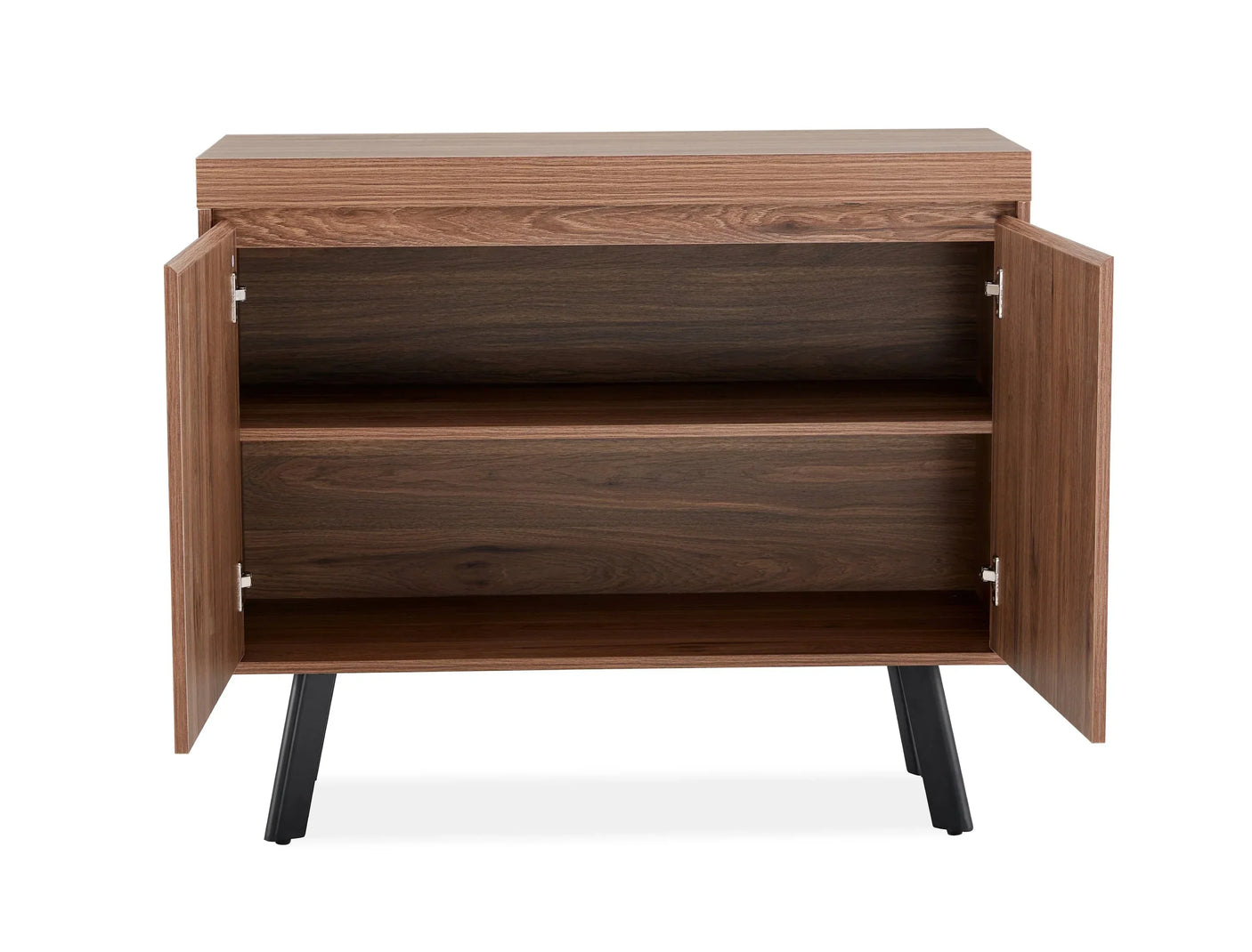 Walnut sideboard with two open doors, central shelf and black angled legs