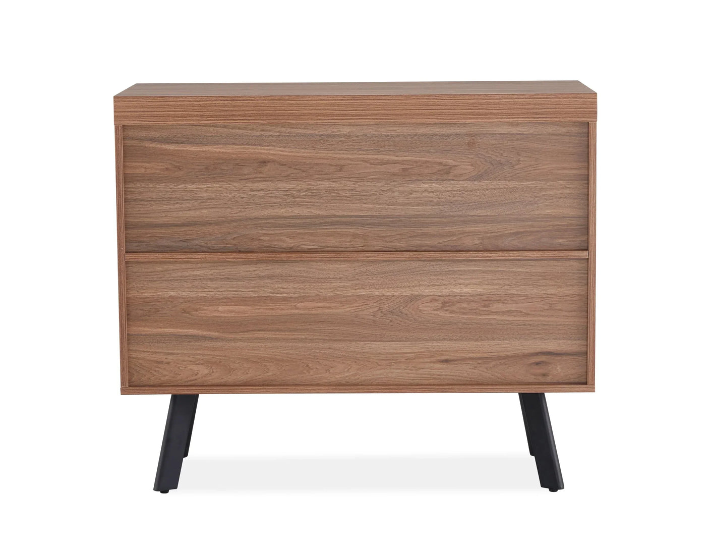 Walnut 2 door sideboard with black legs, front view showing wood grain finish
