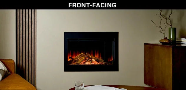 Front-facing electric fireplace set in living room wall with realistic flame effect