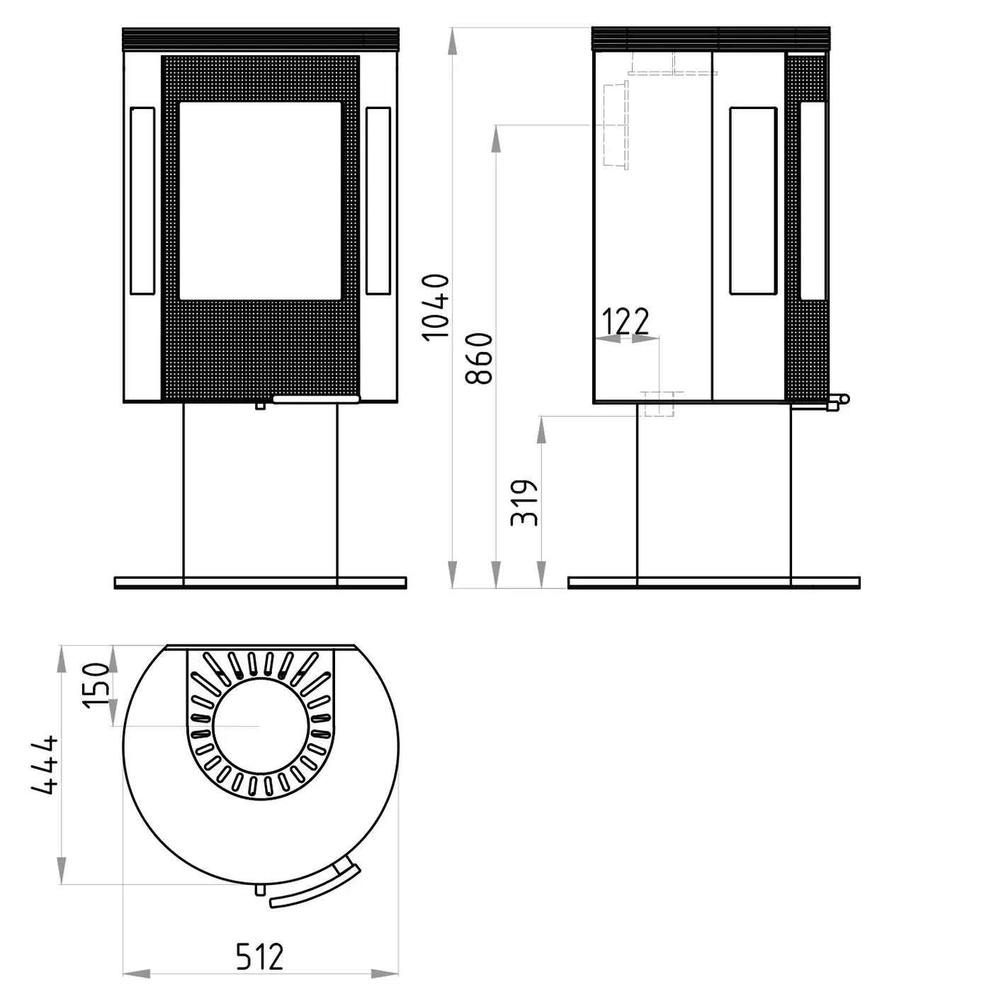 Wood burning stove with pedestal base technical drawing, front, side, and top views