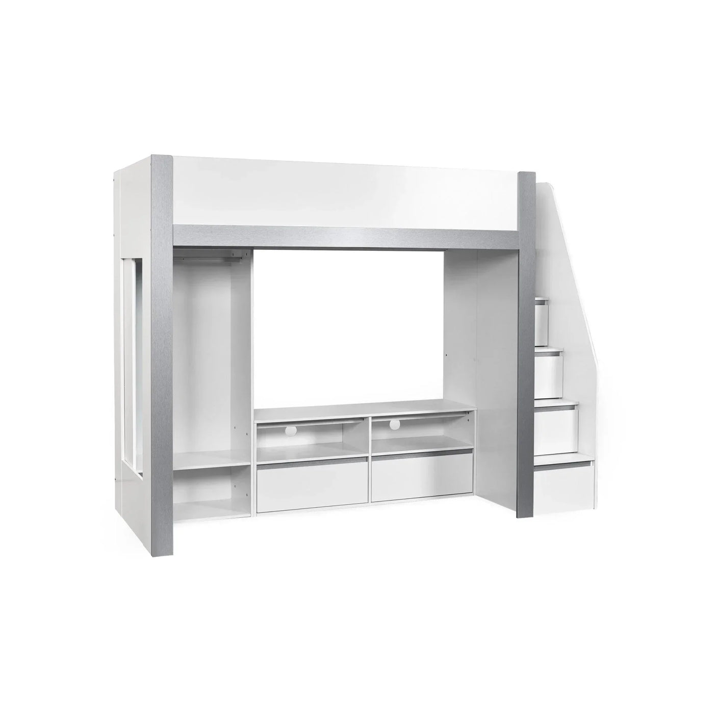 White loft bed with integrated storage shelves, drawers, and stairs on right side
