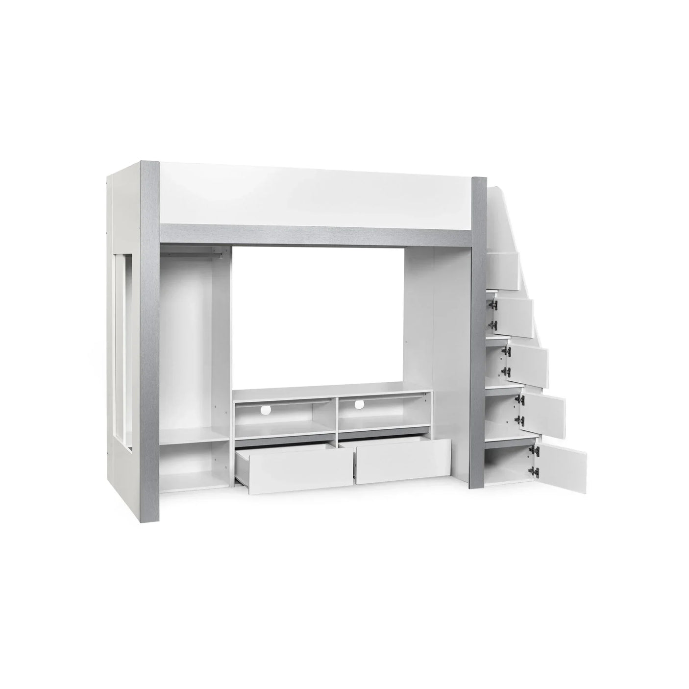 White loft bed with built-in storage drawers and open shelving, angled stair access