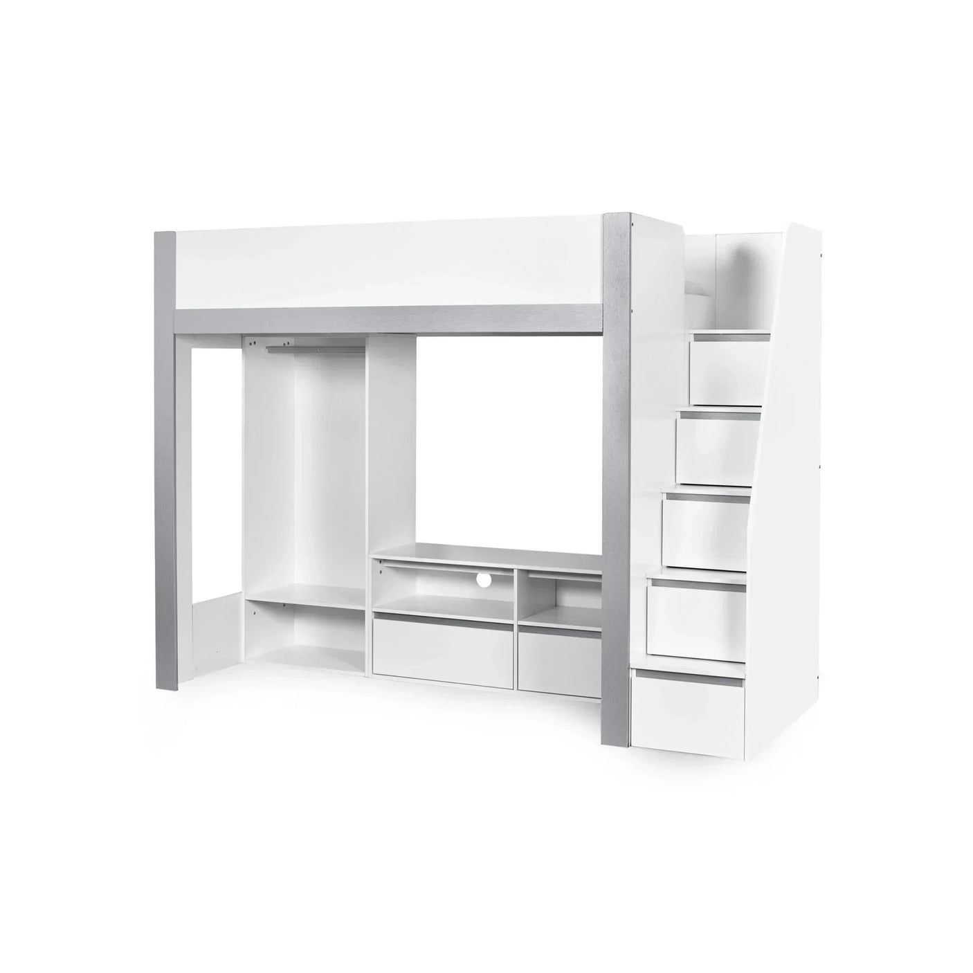 White loft bed with storage stairs, wardrobe space, and shelving units