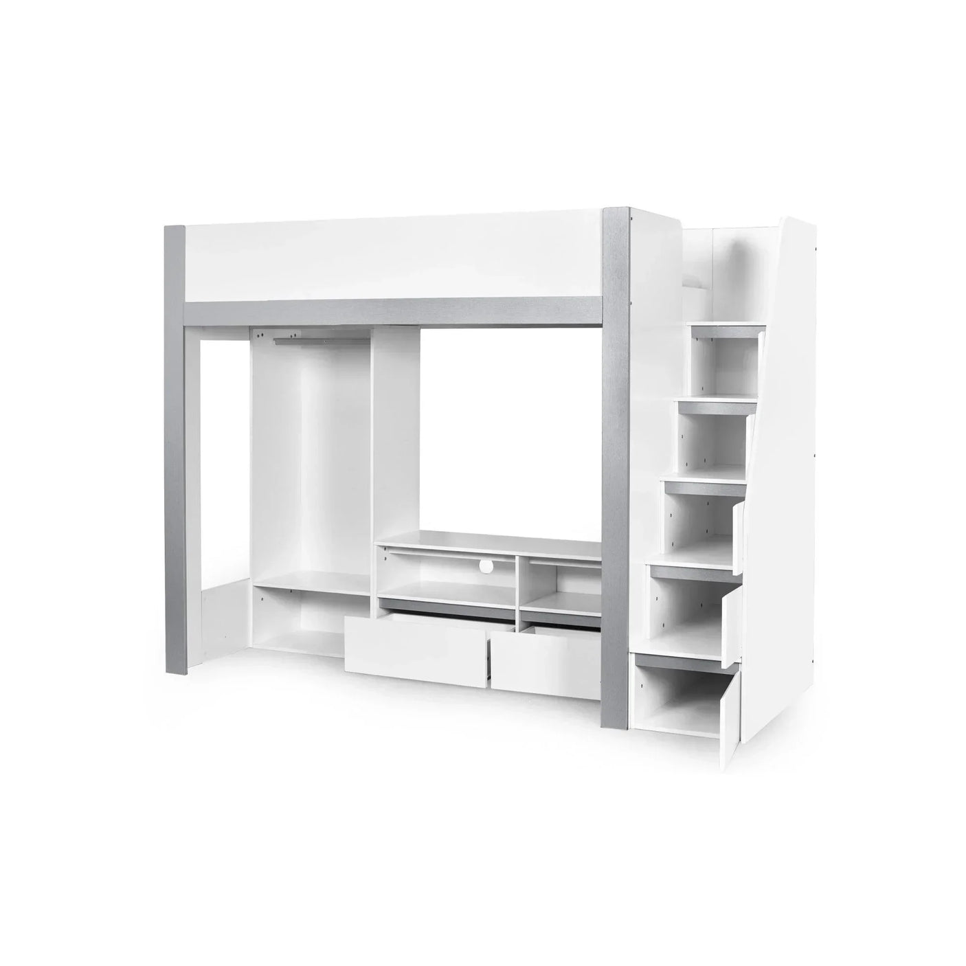White loft bed with built-in storage shelves, wardrobe, desk area, and stair drawers